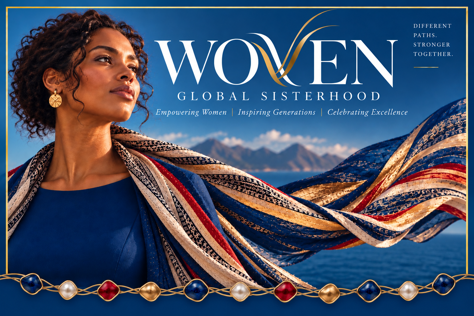 A Cabo Verdean woman in a woven scarf before island mountains and sea